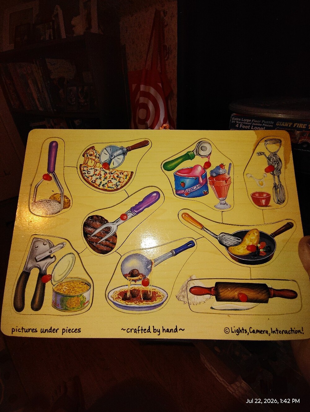 Handcrafted Wooden Kitchen Puzzle — Yellow Base with Multicolor Pieces